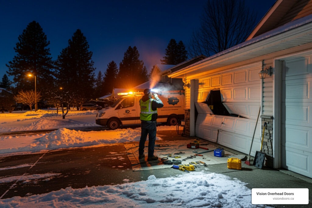 Technician repairing a damaged garage door at night, with tools scattered in the snow and a Vision Overhead Doors service van in the background, emphasizing 24-hour emergency repair services in Vernon, BC.