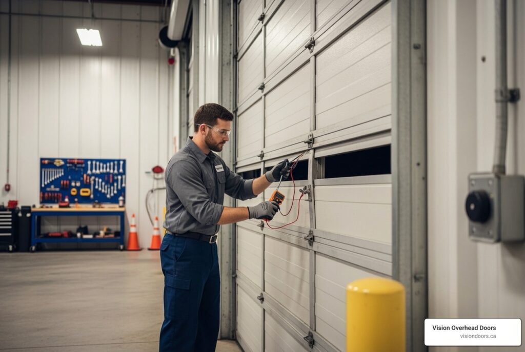 Technician performing commercial garage door repair, checking electrical components with a multimeter in a service facility, Vision Overhead Doors branding visible.