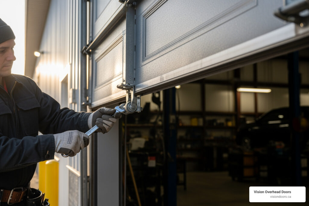 Technician repairing commercial overhead door mechanism with wrench in workshop setting, emphasizing professional repair services by Vision Overhead Doors in Vernon, BC.