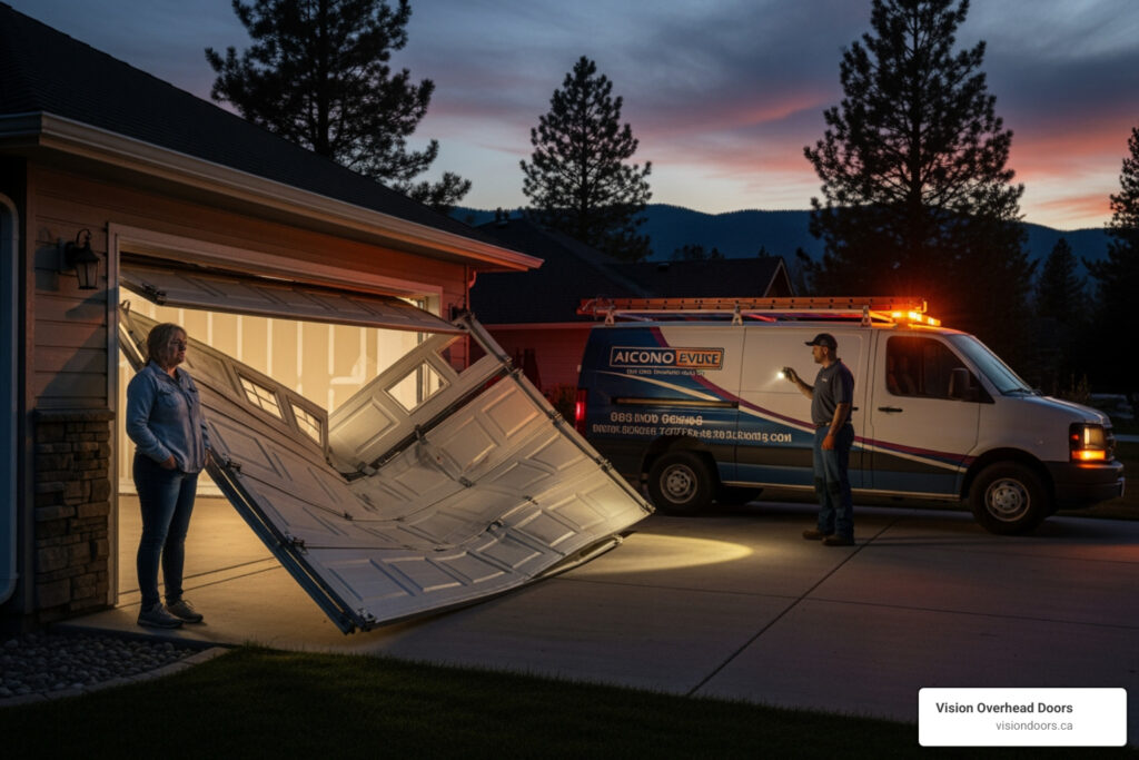 Woman standing near a partially open garage door with a service van from Vision Overhead Doors in Armstrong, BC, highlighting emergency garage door repair services.