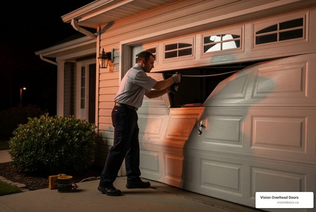 Emergency garage door repair service by technician at night, showcasing Vision Overhead Doors branding.