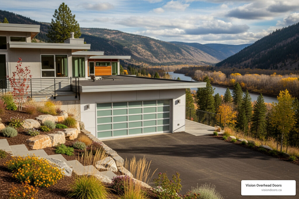 Modern home with a sleek garage door overlooking a scenic river valley in Armstrong, BC, showcasing Vision Overhead Doors' expertise in garage door installation and maintenance.