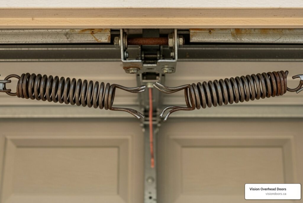 Garage door springs installed above a closed garage door, highlighting the importance of professional garage door spring repair services by Vision Overhead Doors in Armstrong, BC.
