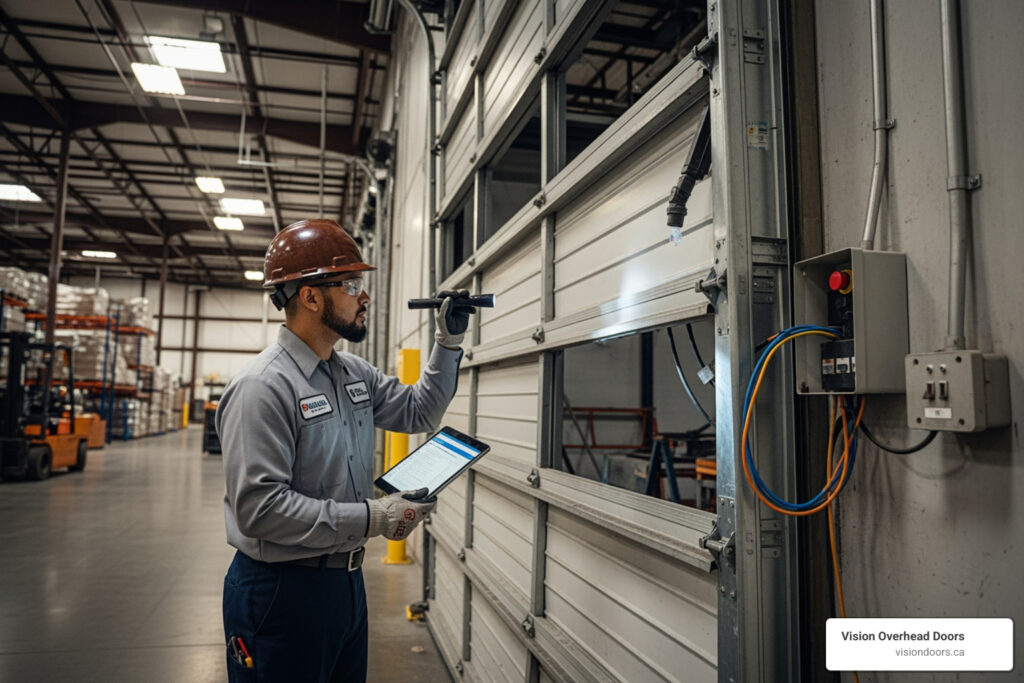 Technician inspecting commercial overhead door in warehouse, using tablet and tools for repair, Vision Overhead Doors branding visible.