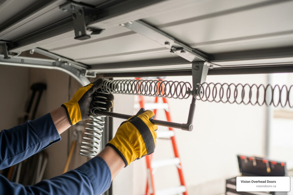 Garage door technician repairing a garage door spring with tools, emphasizing safety and expert service by Vision Overhead Doors in Vernon, BC.