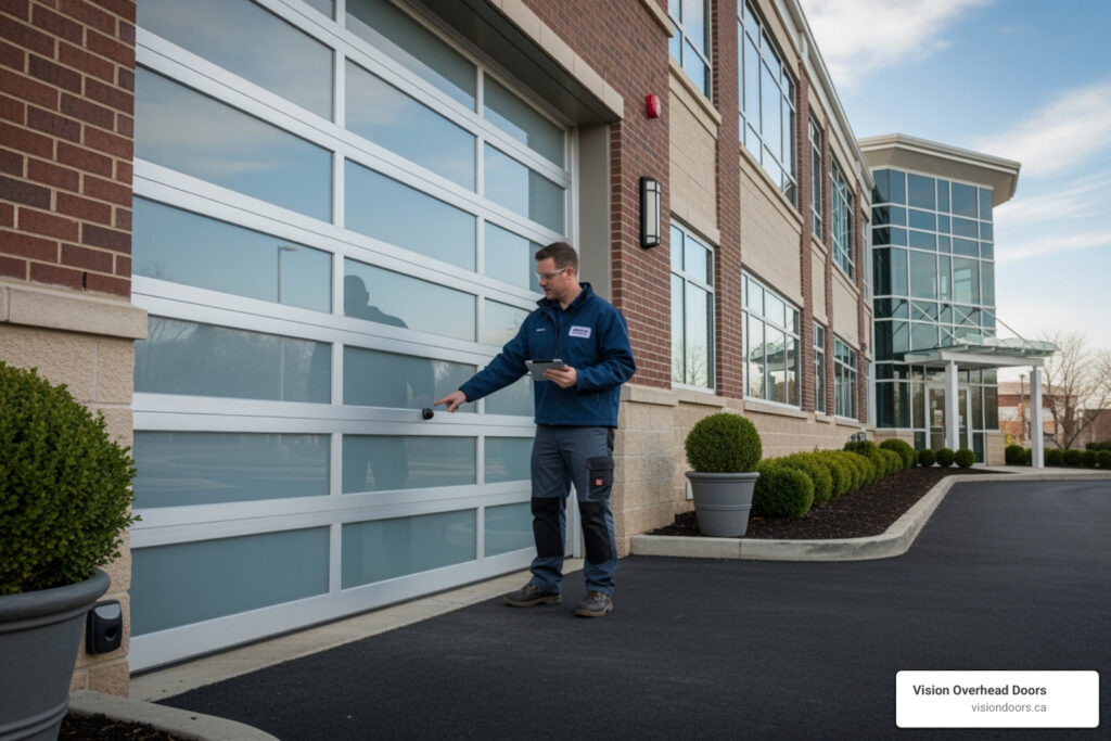 Technician inspecting a commercial garage door for maintenance, Vision Overhead Doors branding visible, modern building exterior in Armstrong, BC.