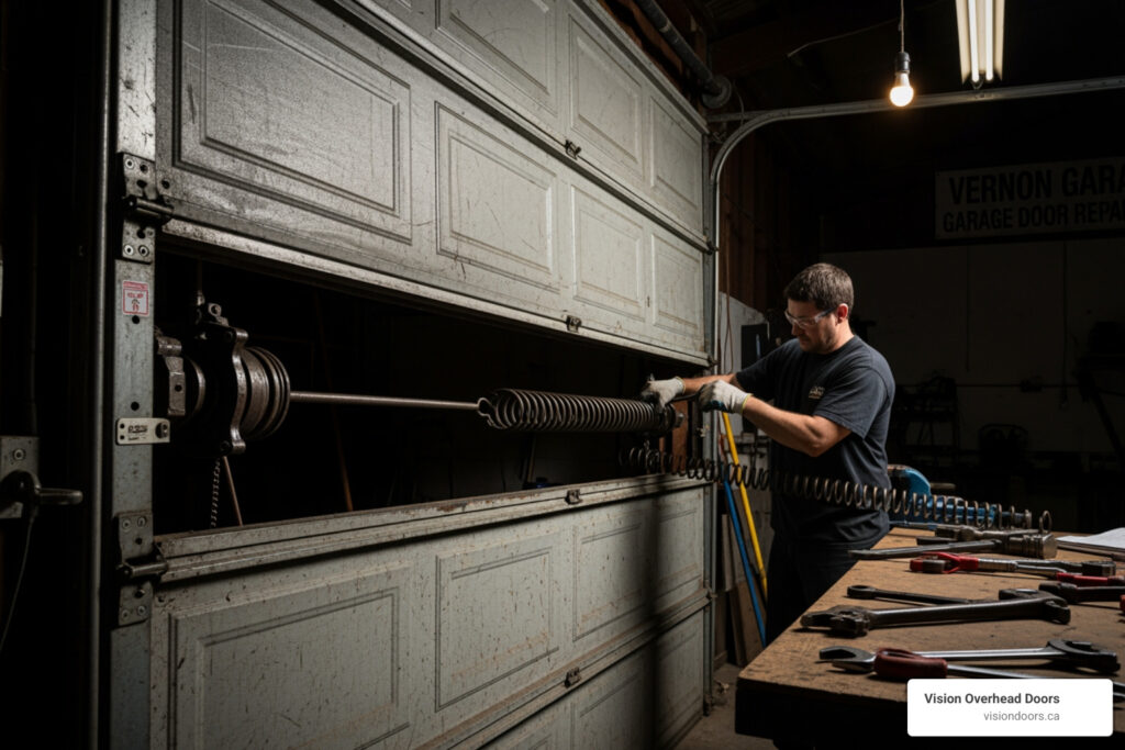 Technician repairing a commercial garage door spring in Vernon, BC, showcasing tools and equipment for professional garage door services.