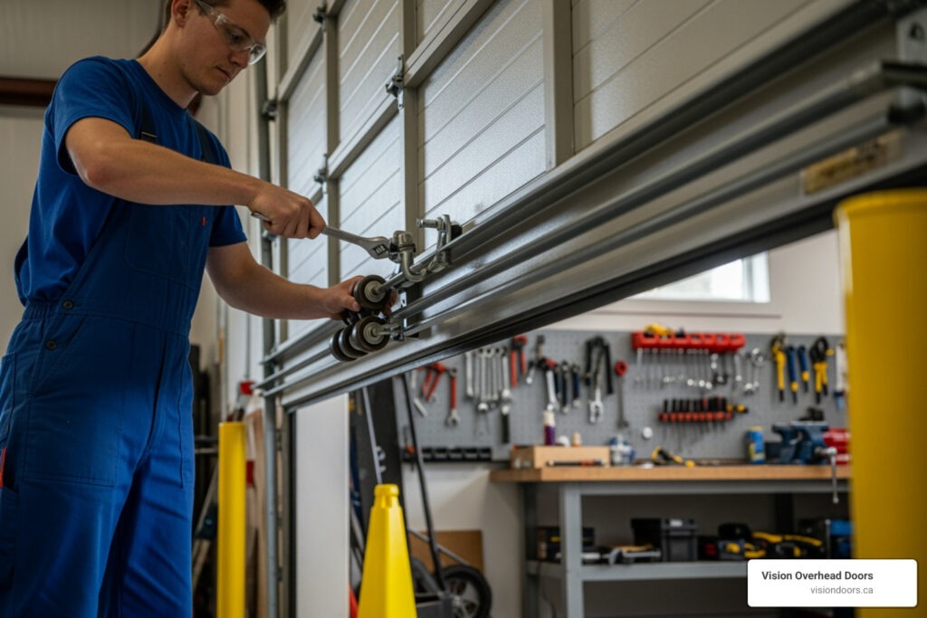 Technician repairing commercial overhead door with tools in workshop, emphasizing Vision Overhead Doors' expertise in door maintenance and repair services.