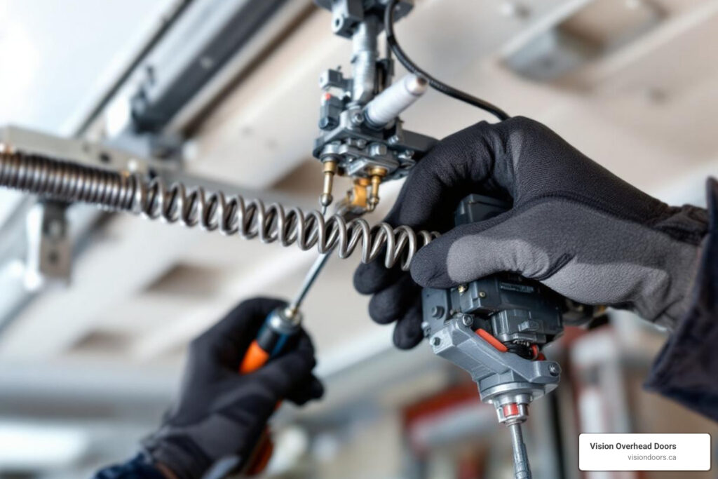 Hands in gloves repairing a garage door spring mechanism, emphasizing emergency garage door repair services by Vision Overhead Doors in Vernon, BC.