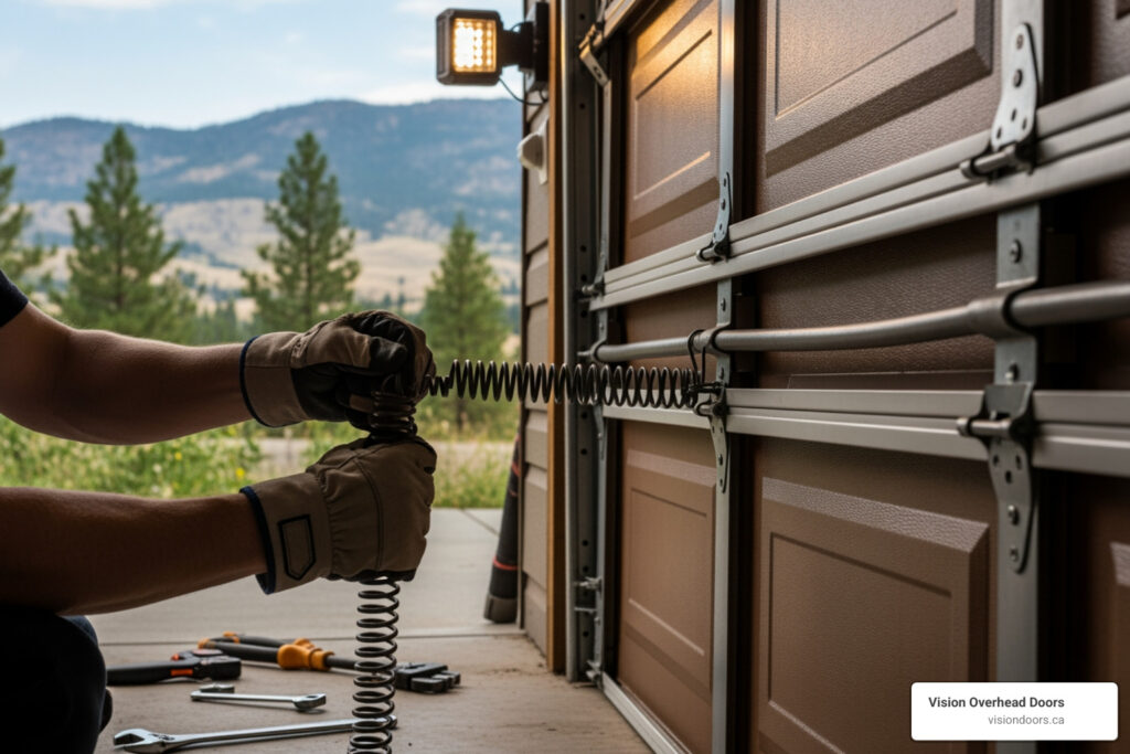 Person repairing garage door spring in Armstrong, BC, showcasing emergency repair service by Vision Overhead Doors, tools visible, outdoor setting.