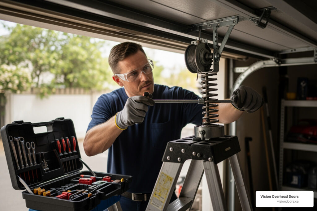 Man repairing garage door spring with tools on ladder, emphasizing professional garage door spring repair services by Vision Overhead Doors in Vernon, BC.