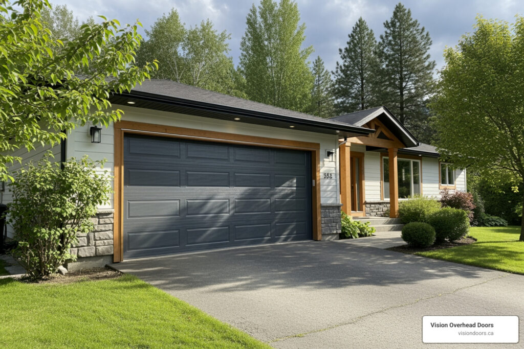 Modern house exterior with a stylish gray garage door, showcasing professional installation by Vision Overhead Doors, surrounded by lush greenery in Armstrong, BC.