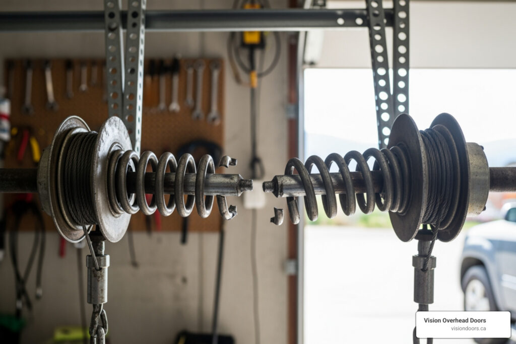 Garage door springs and pulleys in a workshop setting, highlighting garage door repair components for professional service by Vision Overhead Doors in Kelowna, BC.