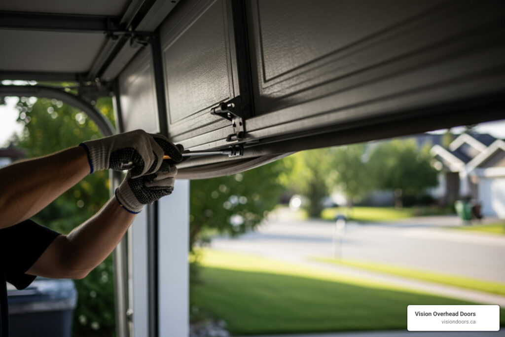 Hand adjusting a residential garage door with tools, emphasizing repair services by Vision Overhead Doors in Armstrong, BC.
