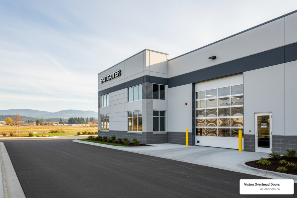 Vision Overhead Doors commercial building exterior in Armstrong, BC, showcasing garage door services, modern architecture, and clear branding.