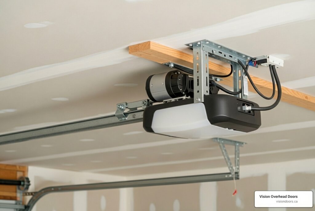 Garage door opener mounted on ceiling with visible wiring and track, symbolizing professional repair services by Vision Overhead Doors in Vernon, BC.