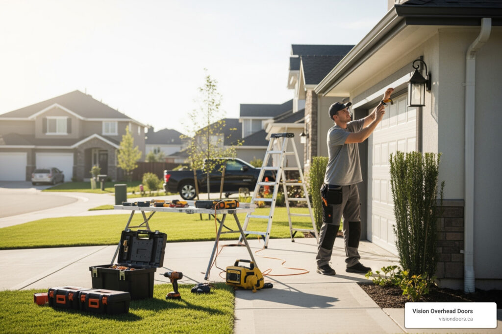 Professional technician installing a residential garage door in Vernon, BC, with tools and equipment on a work table, enhancing home security and curb appeal.