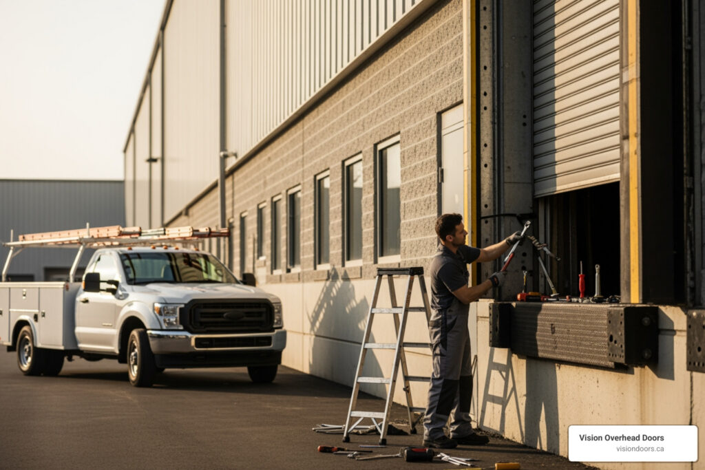 Technician repairing overhead door at commercial building with service truck nearby, emphasizing reliable overhead door repair services by Vision Overhead Doors in Vernon, BC.