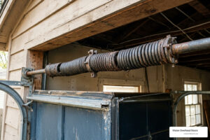 Garage door spring mechanism showing signs of wear, including rust and tension, relevant to garage door spring repair services by Vision Overhead Doors.