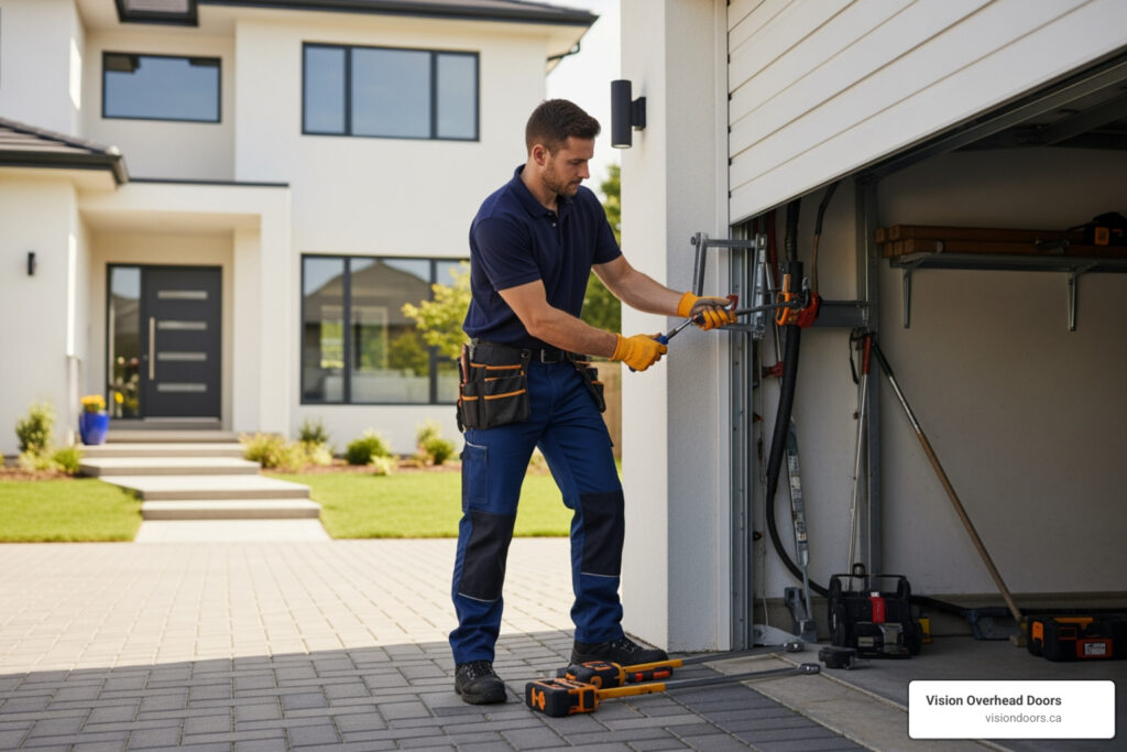 Technician repairing garage door with tools in front of modern home, showcasing Vision Overhead Doors' expertise in garage door repair services in Vernon, BC.