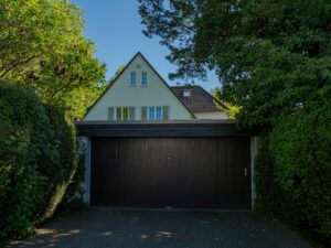 residential garage door on a home with home office setup